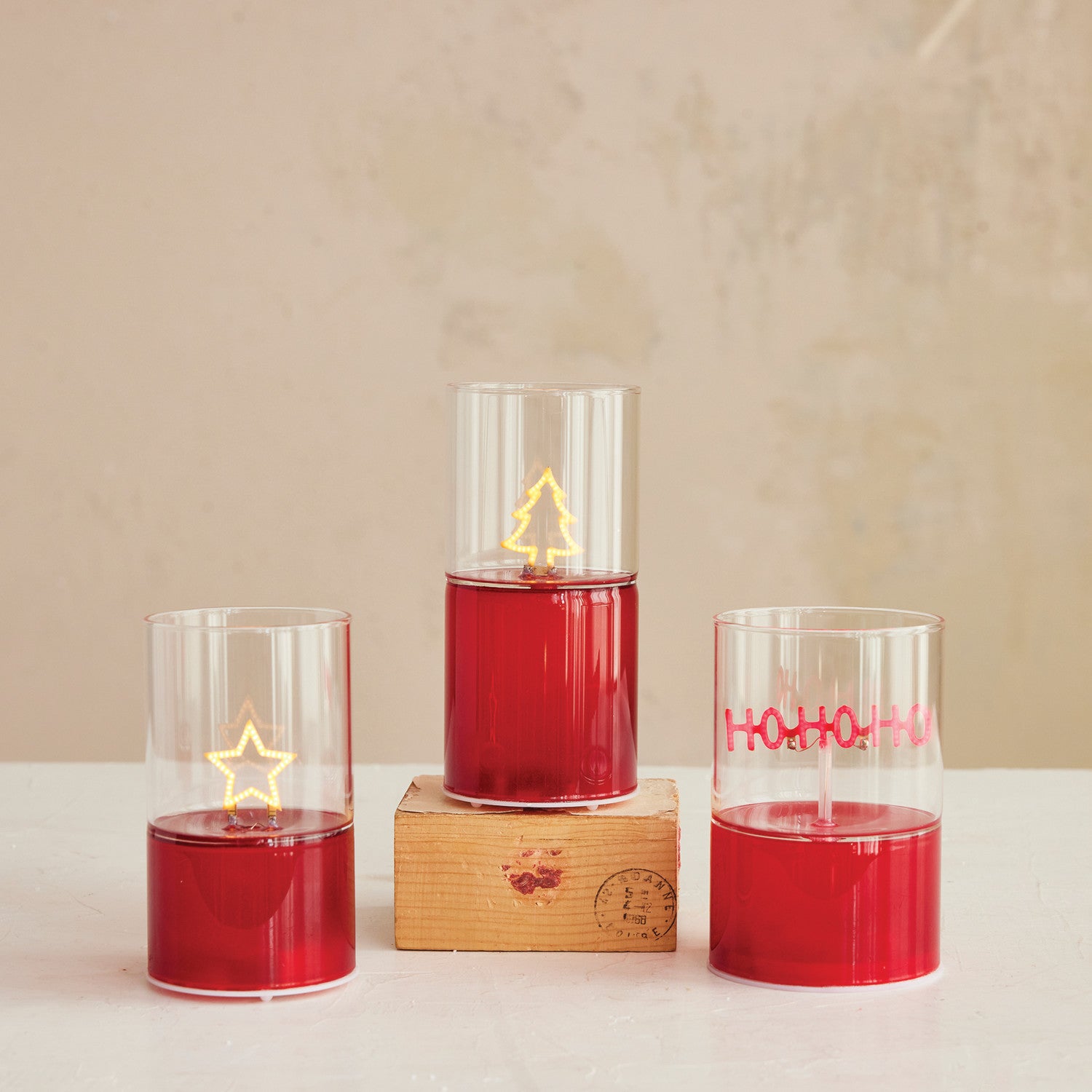 Red Glass LED Light Candle with HO HO HO Filament