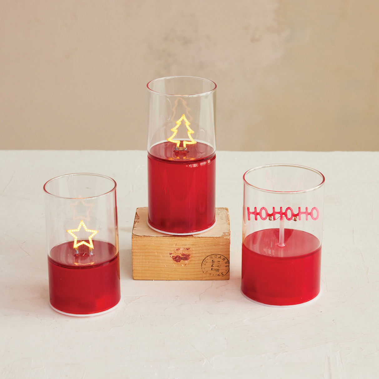 Glass LED Cylinder Red Candle Light with Tree Filament