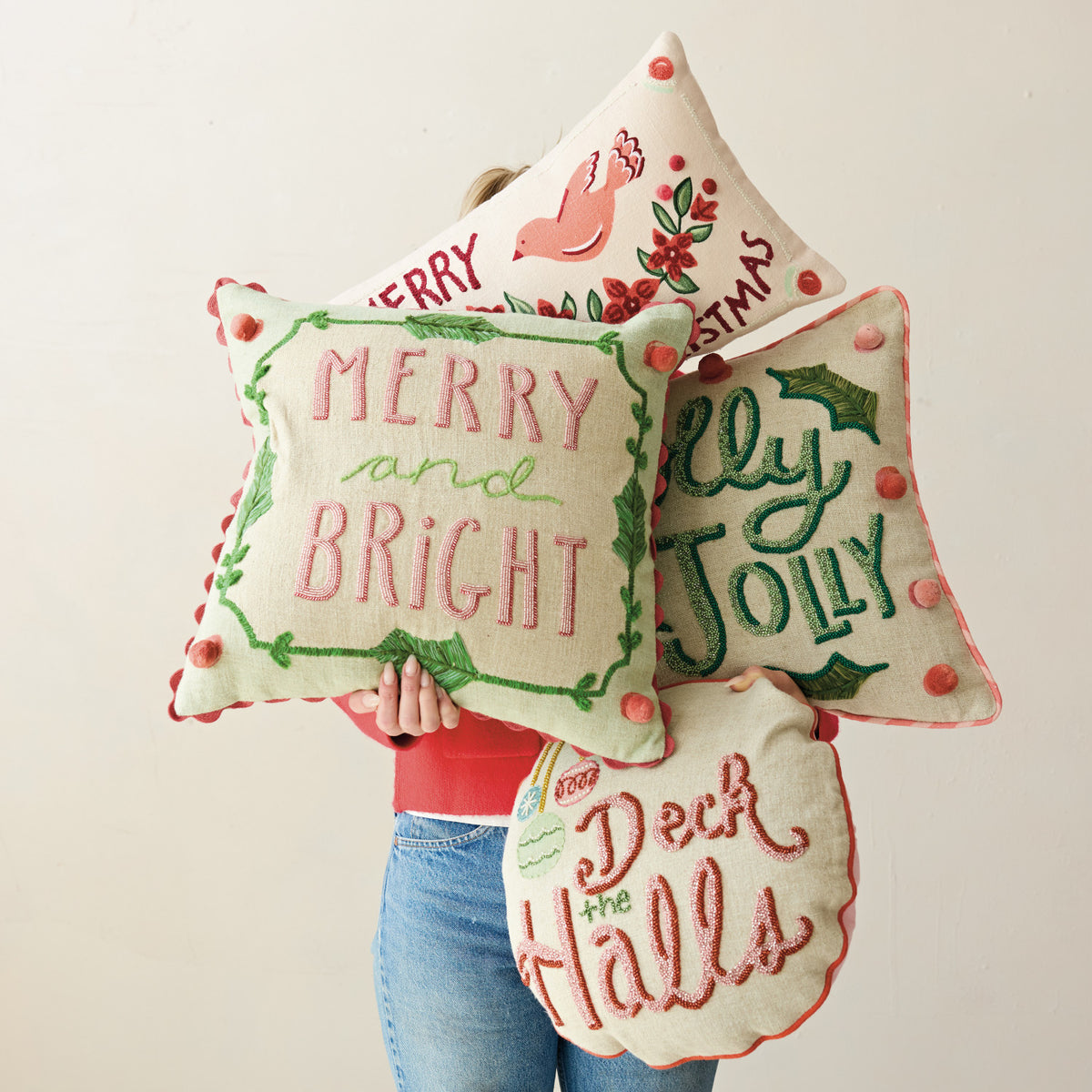 Beaded Christmas Saying Linen Throw Pillow