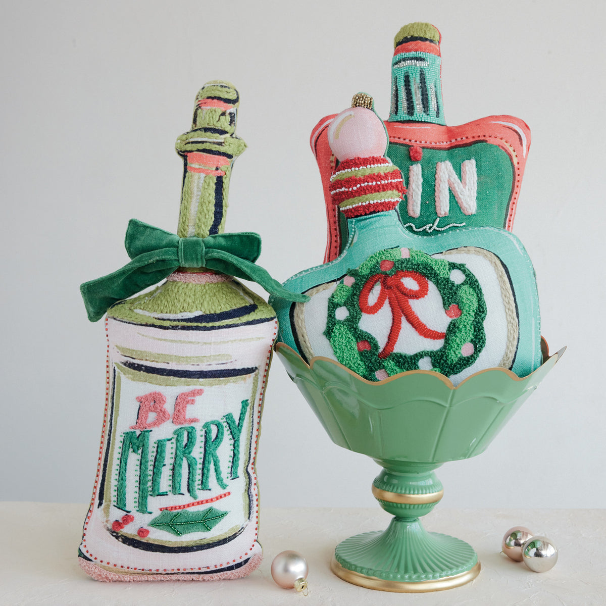 Christmas Bottle Shaped Pillow with Embroidered Details
