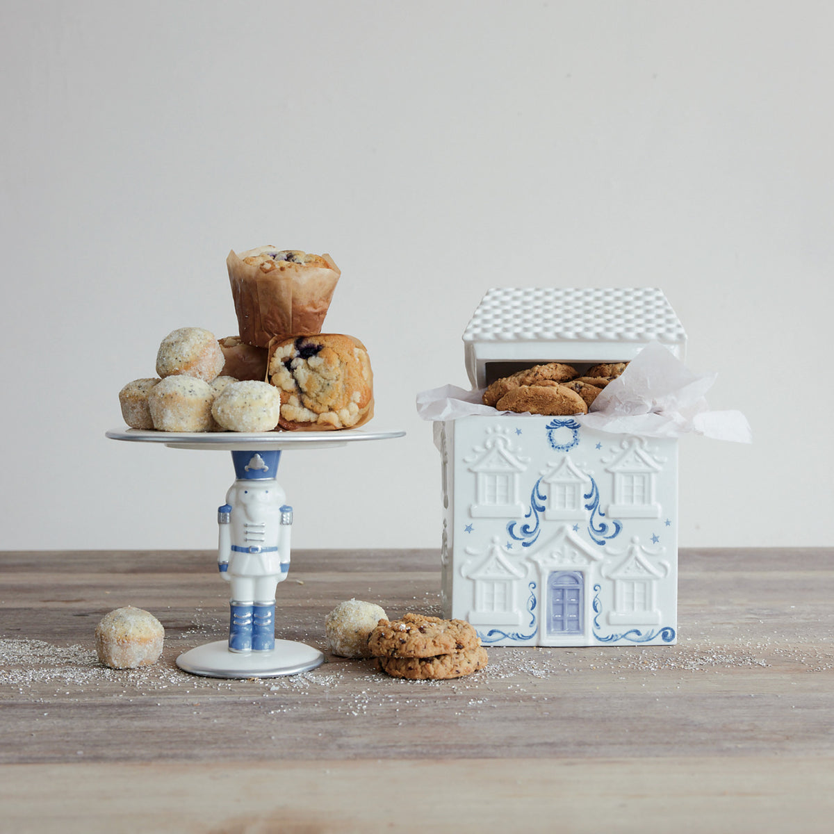 Blue & White Ceramic House Cookie Jar