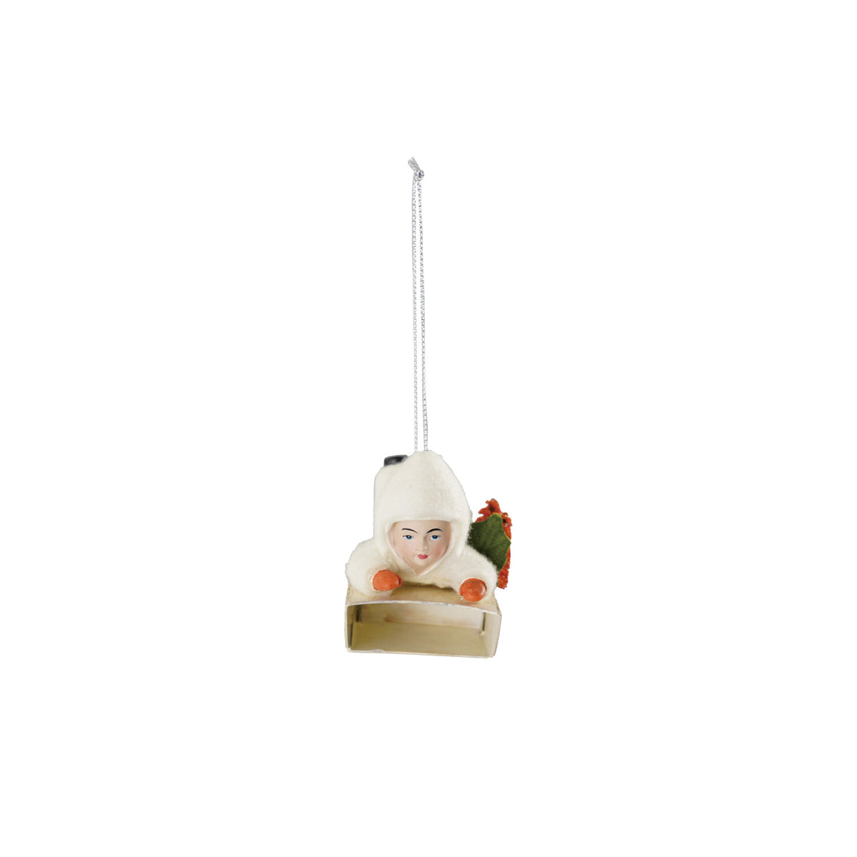 Child on Sled Christmas Ornament with Bottle Brush Trees