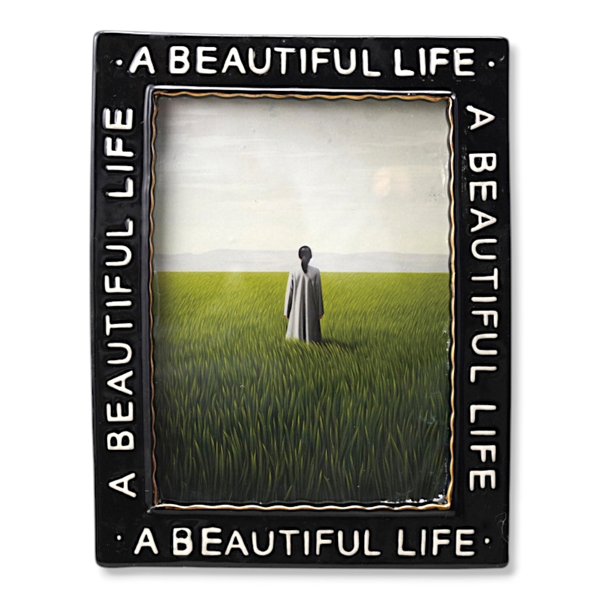 Black and white stoneware photo frame with gold accents and "A Beautiful Life" embossed text.