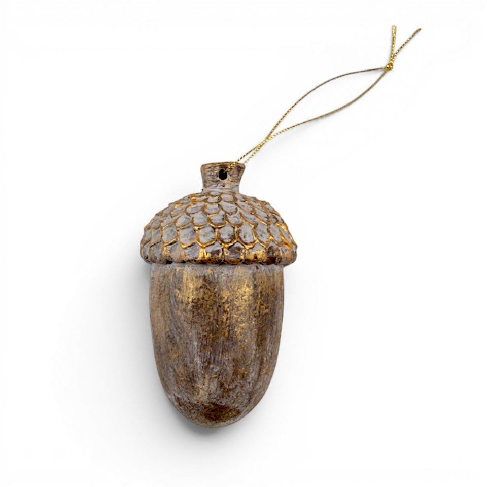 Aged brown acorn ornament with textured cap for fall bowl filler and rustic Christmas décor
