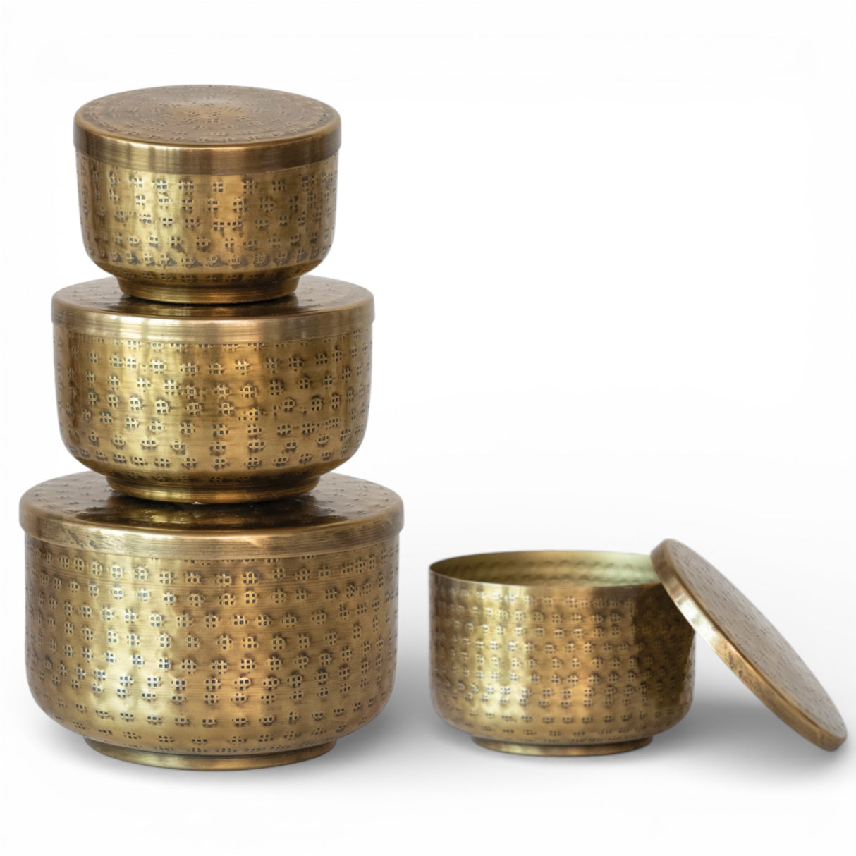 gold hammered aluminum lidded containers antique brass finish decor