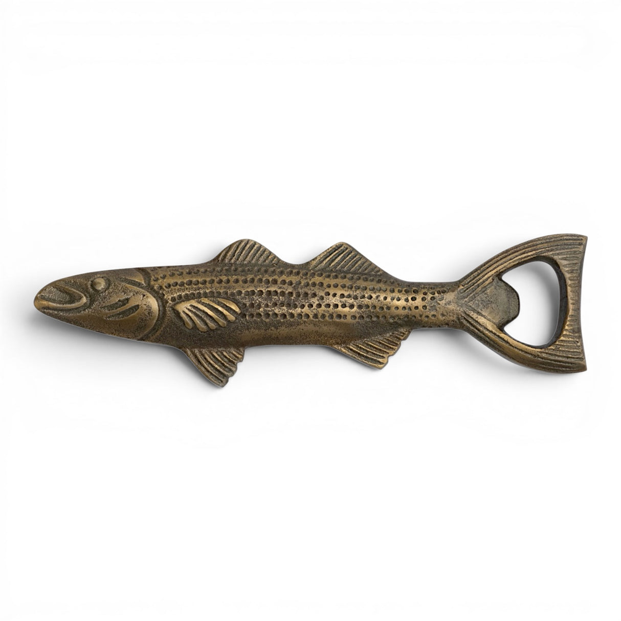 ntique gold fish bottle opener for bar cart, lake house decor, and entertaining