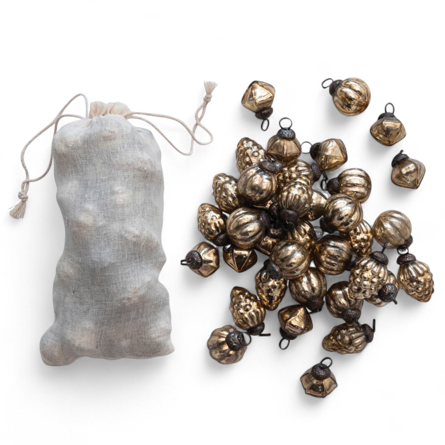 Set of 36 antique gold embossed mercury glass ornaments with muslin bag