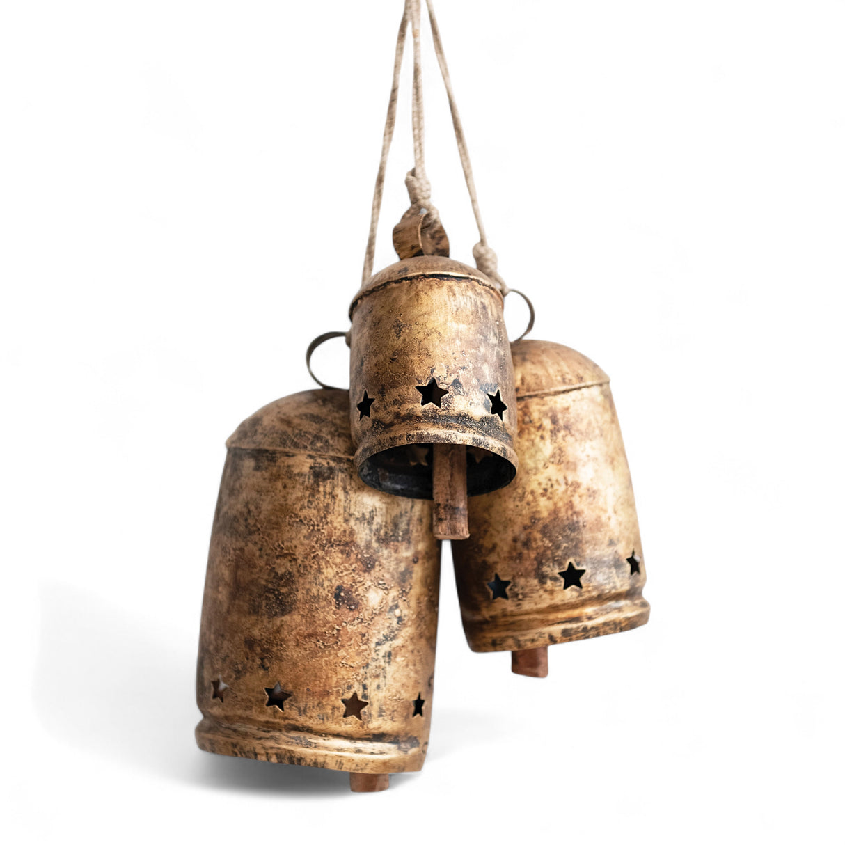 Distressed antique gold metal bell with star cut-outs on jute rope, available in three sizes