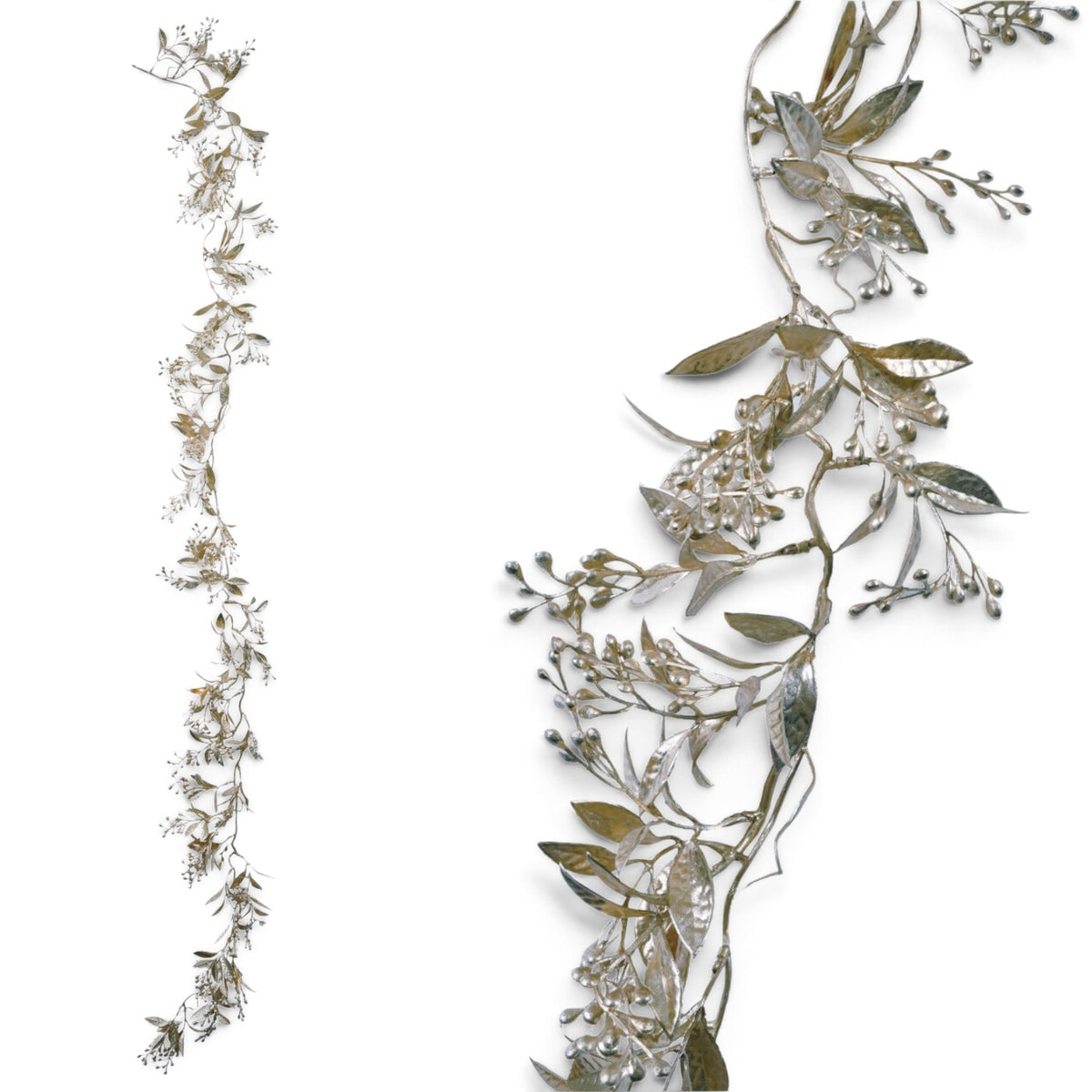Faux leaf and berry garland with an antique silver finish, measuring 63 inches long.