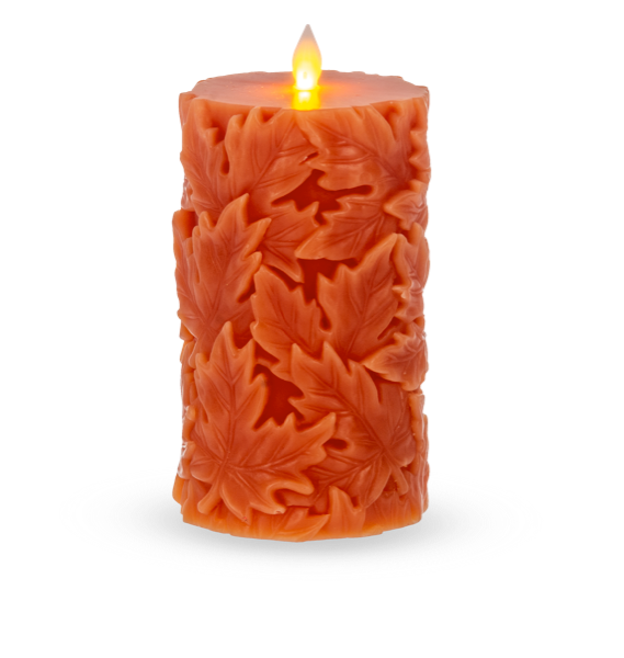 Orange Engraved Leaf LED Flameless Pillar Candle | 2 Sizes