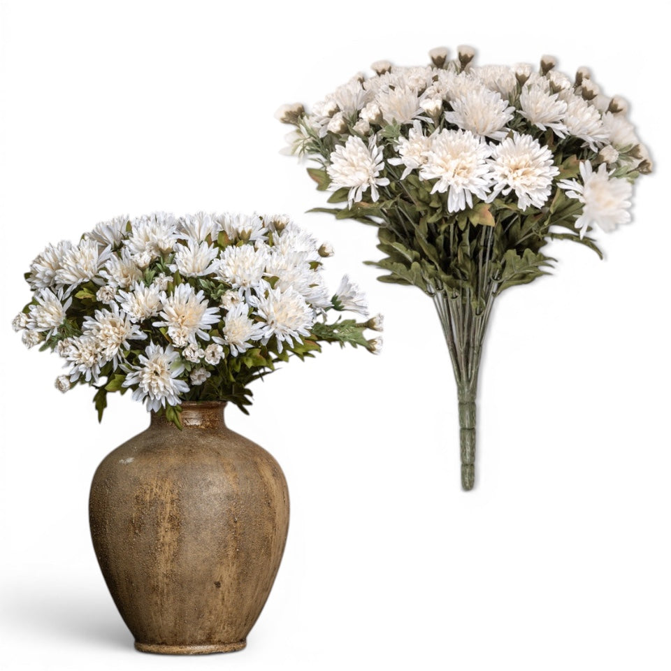 15.5-inch artificial cream mum flower bush with green leaves and realistic floral buds