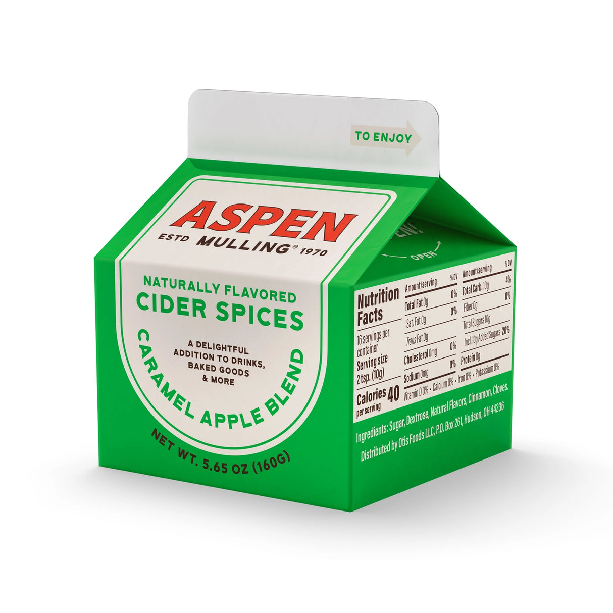 Aspen Mulling Spices caramel apple cider spice blend in a 5.65-ounce green carton