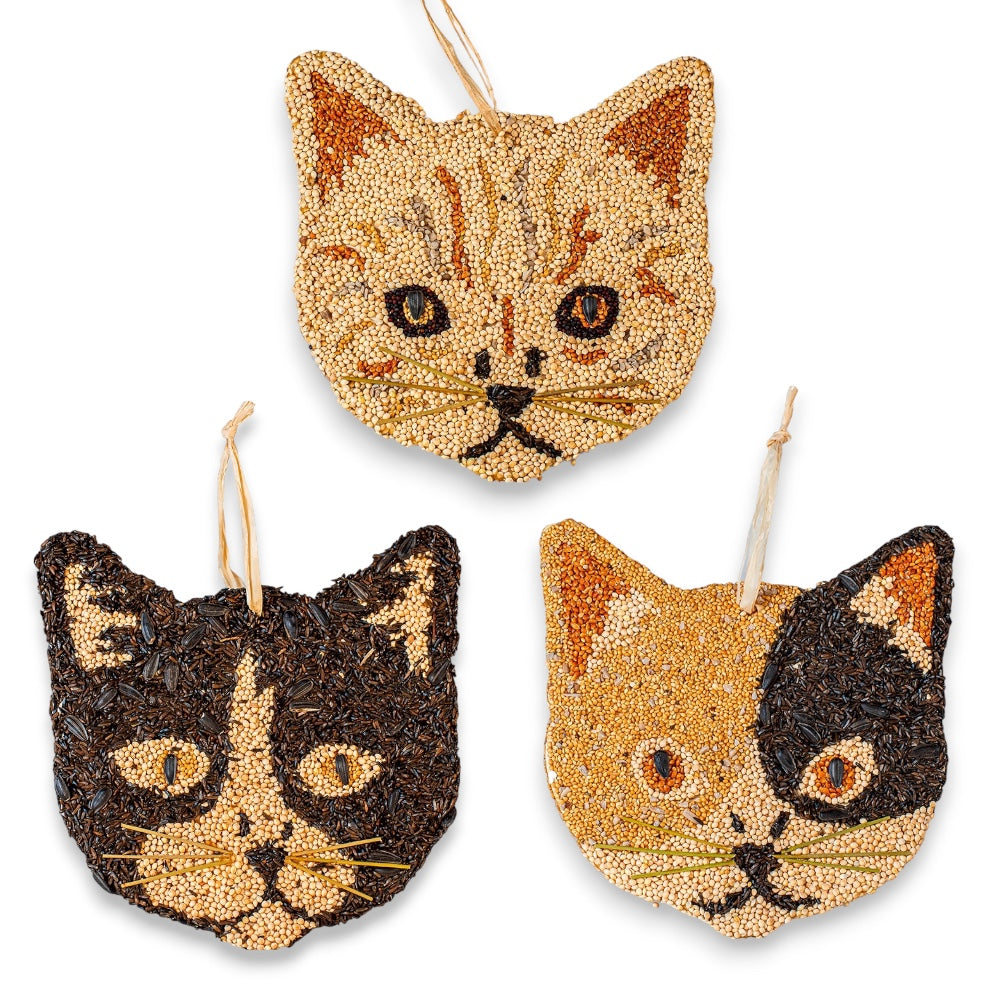 Three cat-shaped bird seed cookies in assorted designs with built-in hangers.