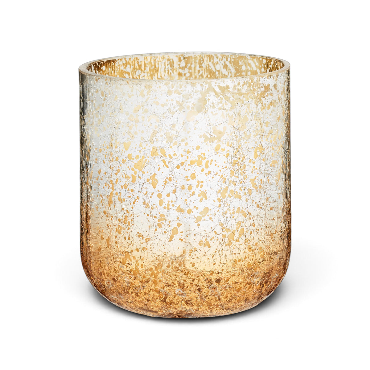 Balsam & Cedar candle in a cylindrical glass vessel with a reflective gold-speckled finish and rounded base