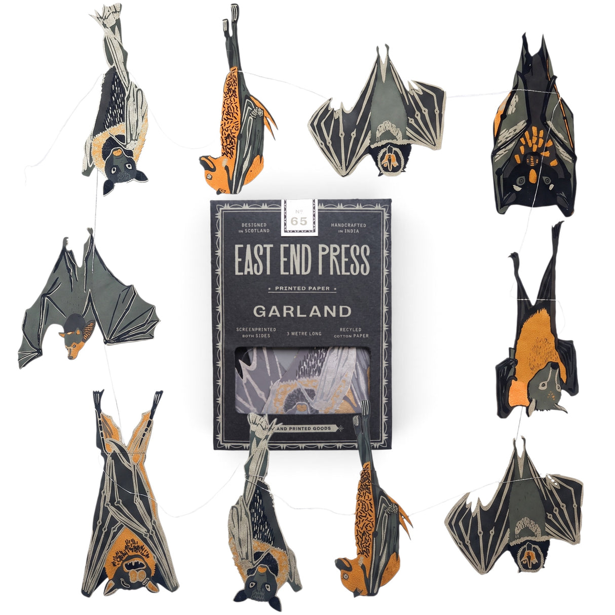 East End Press bats sewn paper garland with 12 double-sided hand-printed Halloween bats