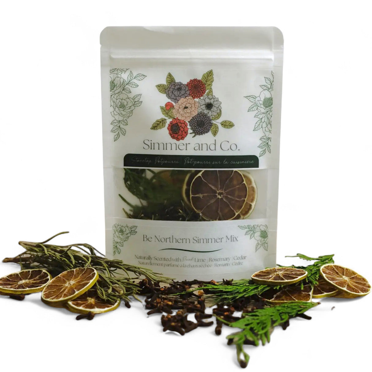 Be Northern simmer mix with cedar, rosemary, cloves, and lime in 6oz pouch
