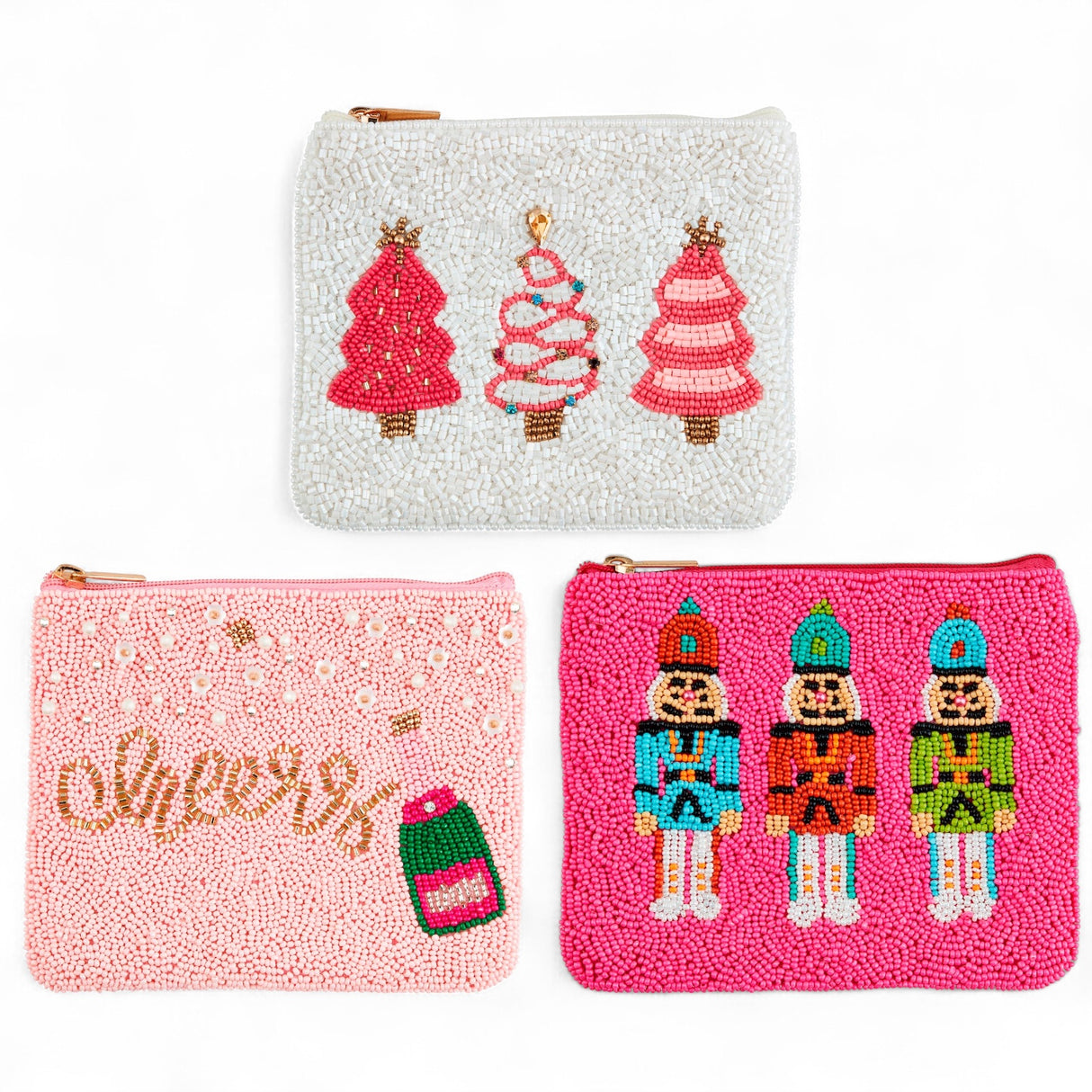 Hand-beaded holiday pouches in cotton with zipper closure, available in three festive designs