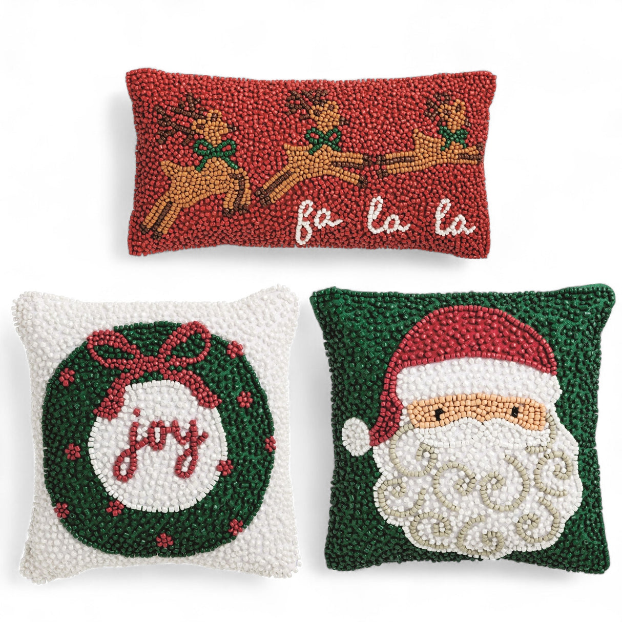 Beaded mini holiday pillows in three styles: Santa, wreath with joy, and reindeer with fa la la