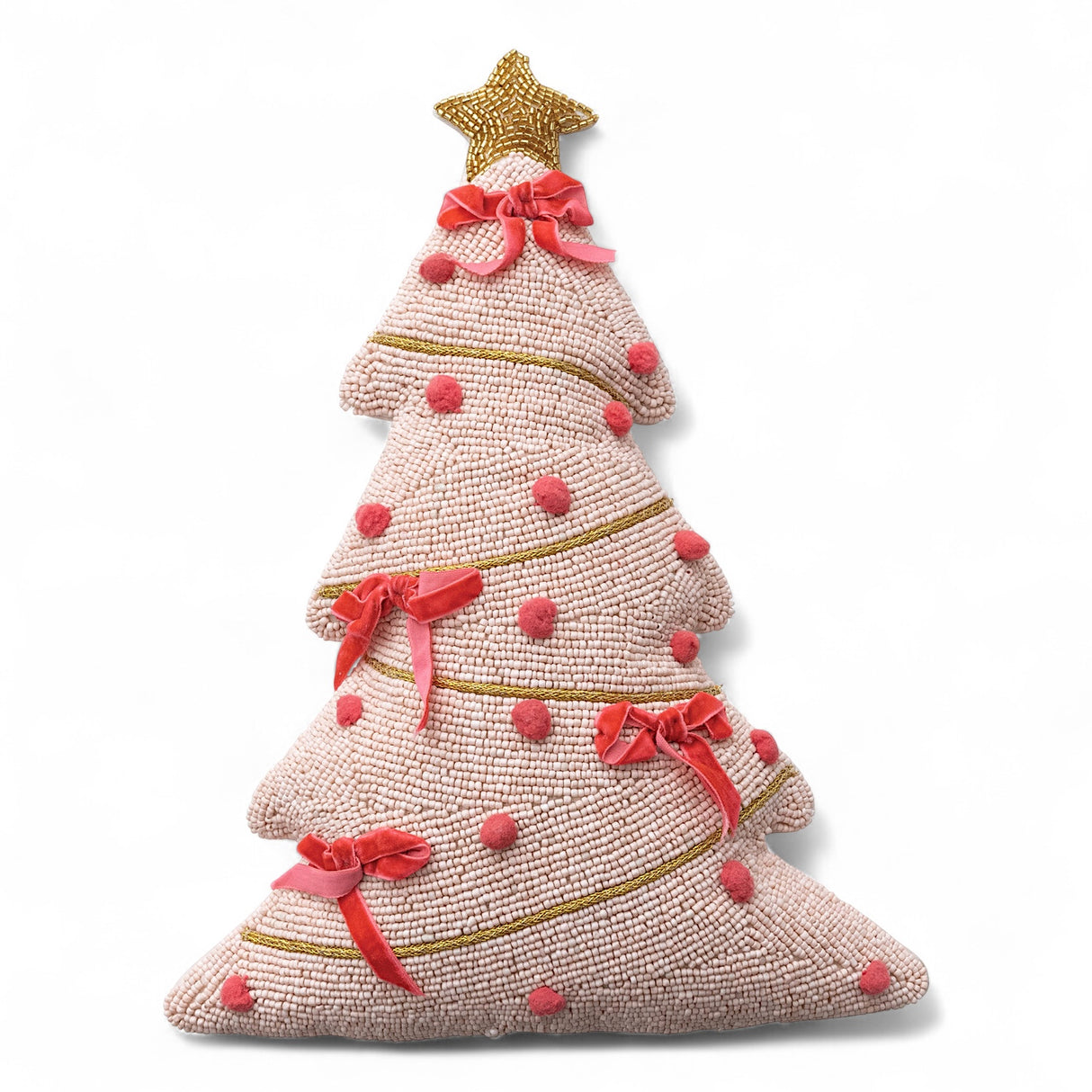 Beaded pink Christmas tree pillow with velvet bows and gold star