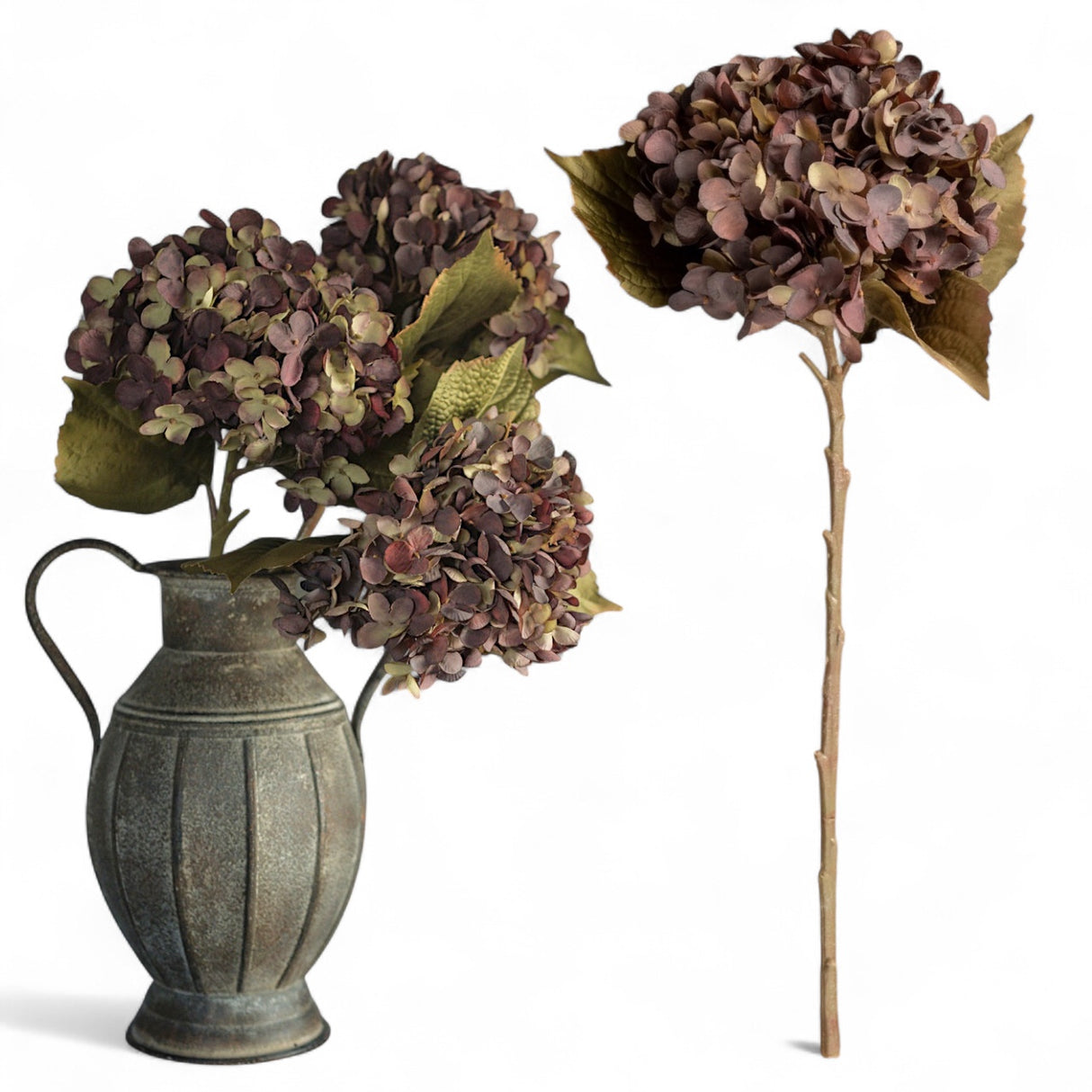 20.25" beige and purple artificial hydrangea spray with green leaves and realistic stem