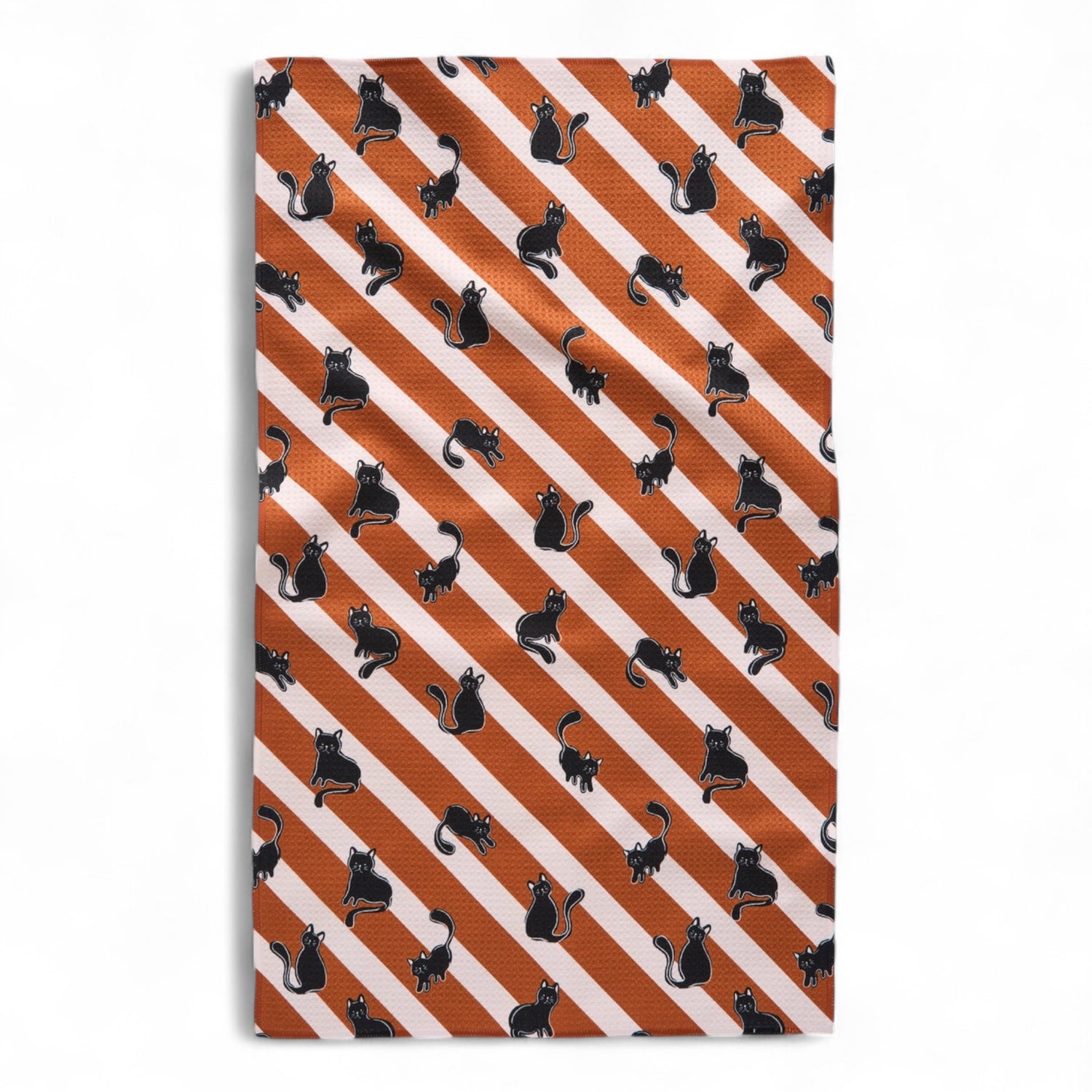 black cat pattern on orange and white striped tea towel