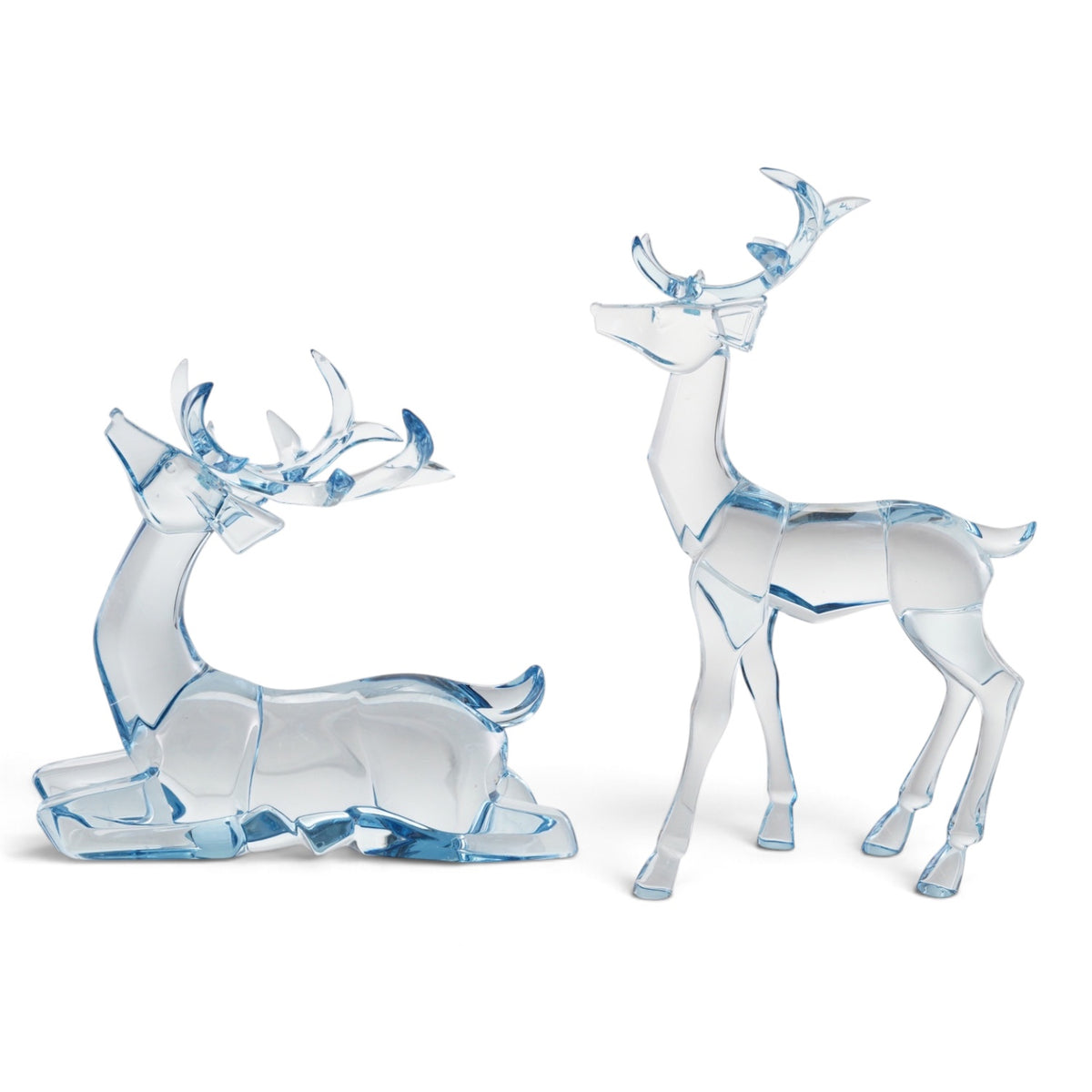 Translucent blue acrylic deer with sculpted antlers in sitting and standing styles, each sold individually.
