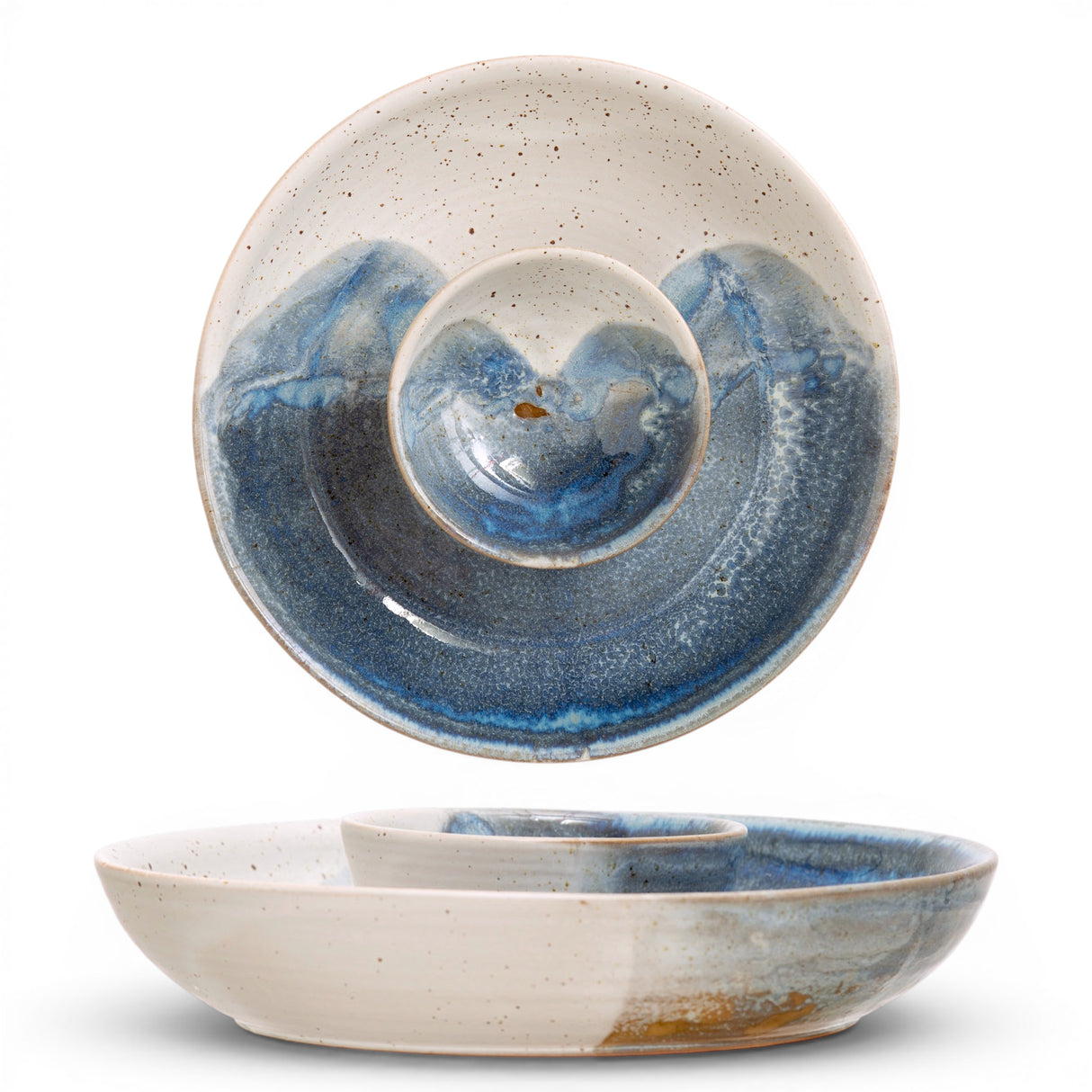 stoneware chip and dip bowl with blue reactive glaze for serving snacks and entertaining