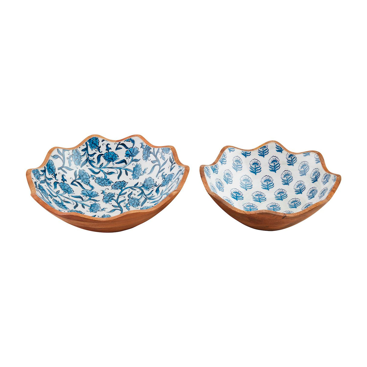 Blue floral block print enamel mango wood bowl, available in small and large sizes,