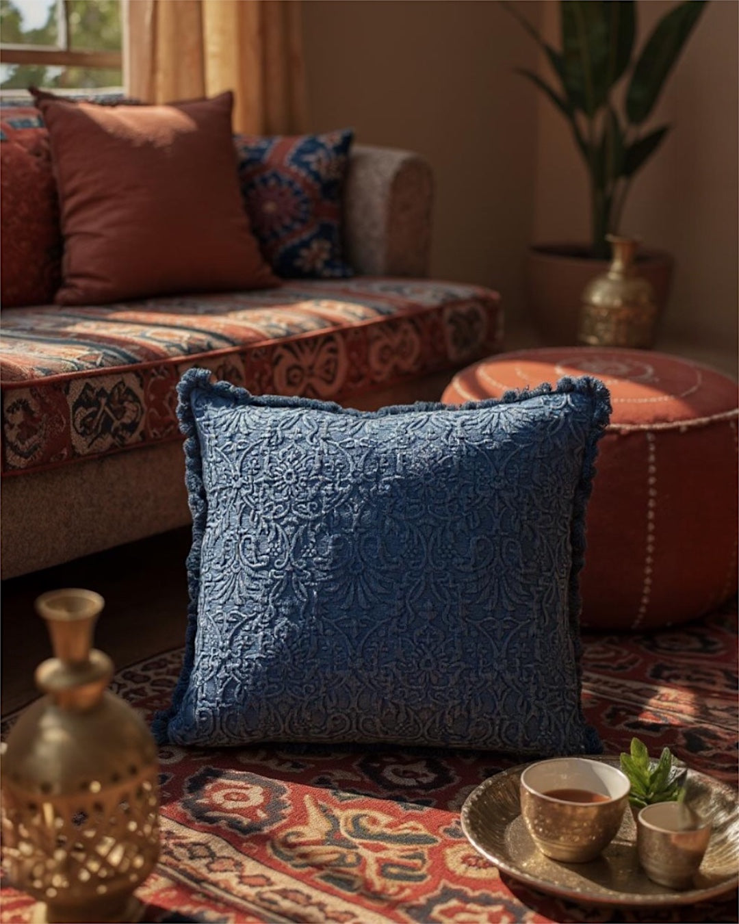 Blue Indigo Matelassé Medallion Throw Pillow