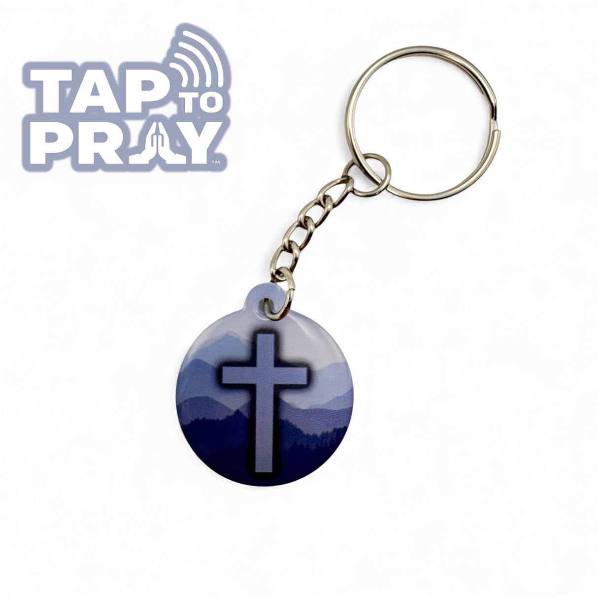 blue mountains and cross tap to pray keychain