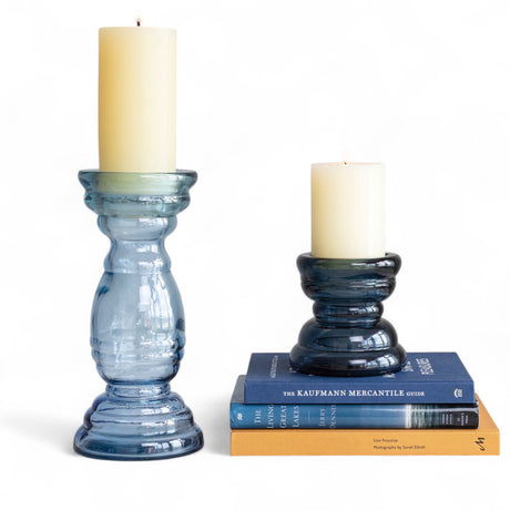 Blue recycled glass candle holder with rounded design, available in 4.75" and 5" round sizes.