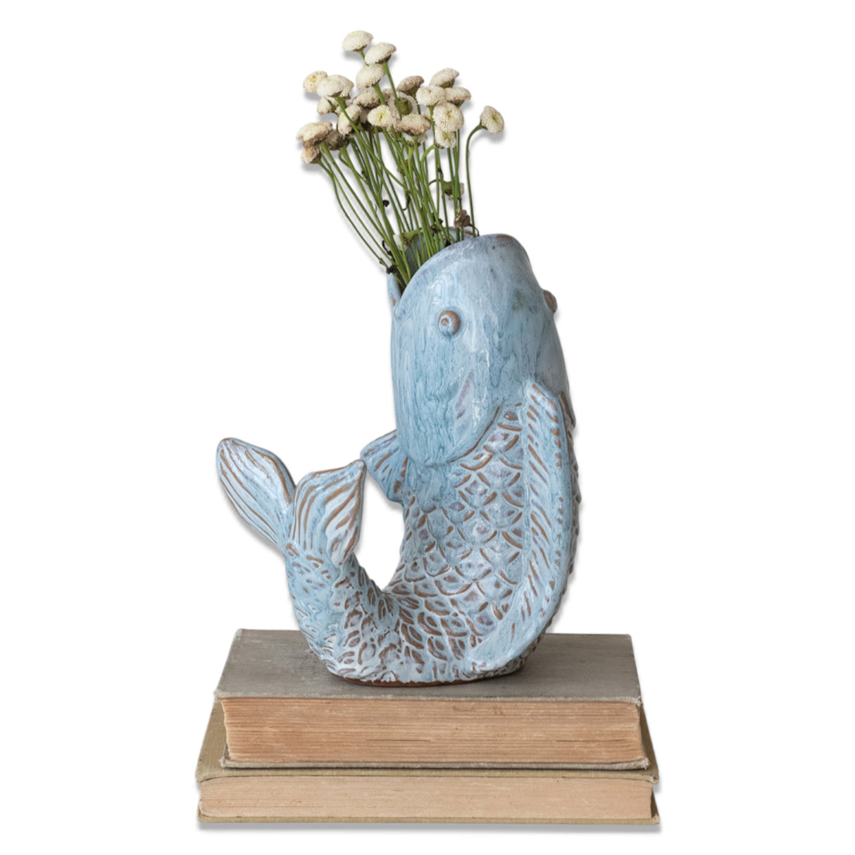 Blue reactive glaze stoneware fish shaped vase with textured scales