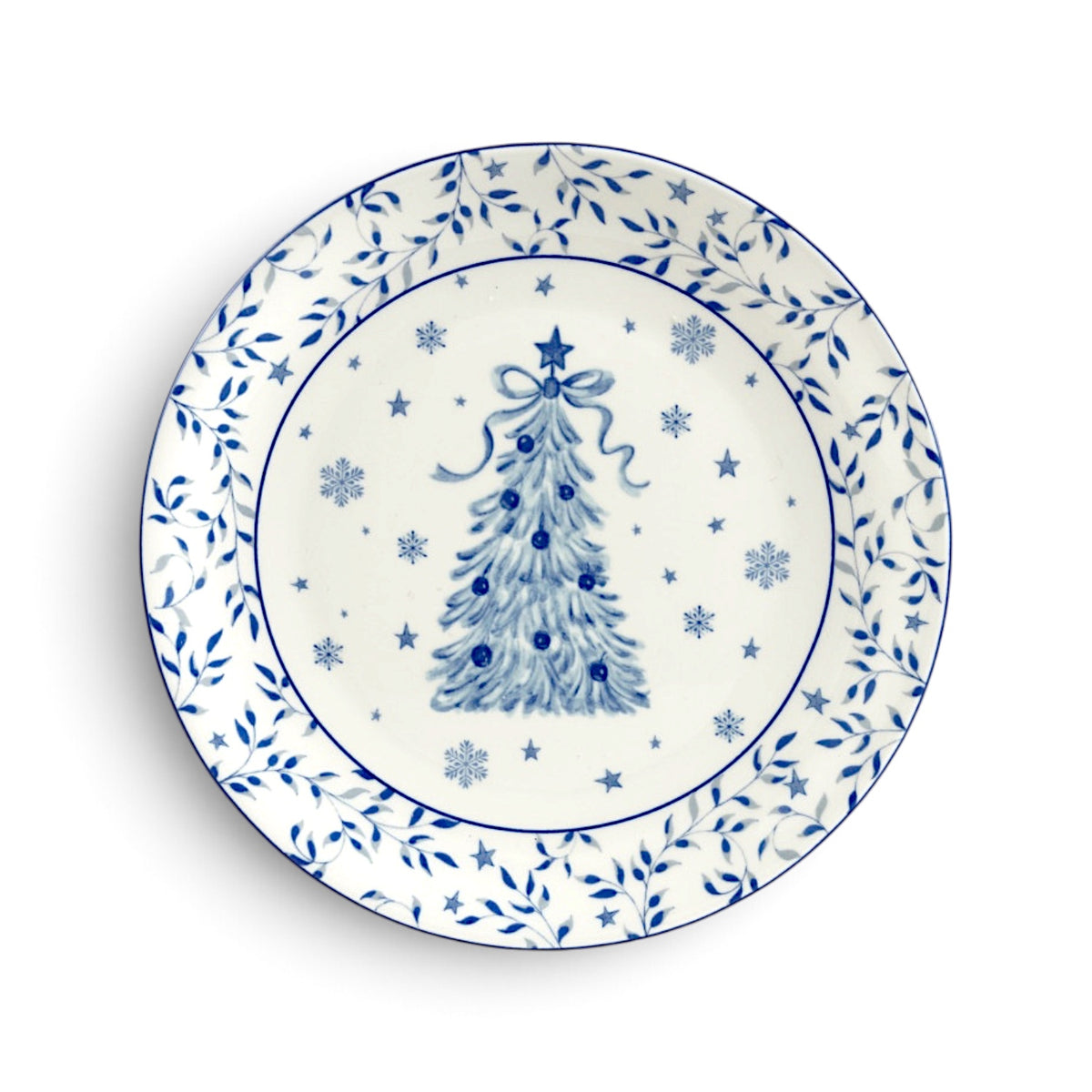 Round white ceramic plate with a blue Christmas tree, ribbon bow, stars, snowflakes, and a leafy blue border