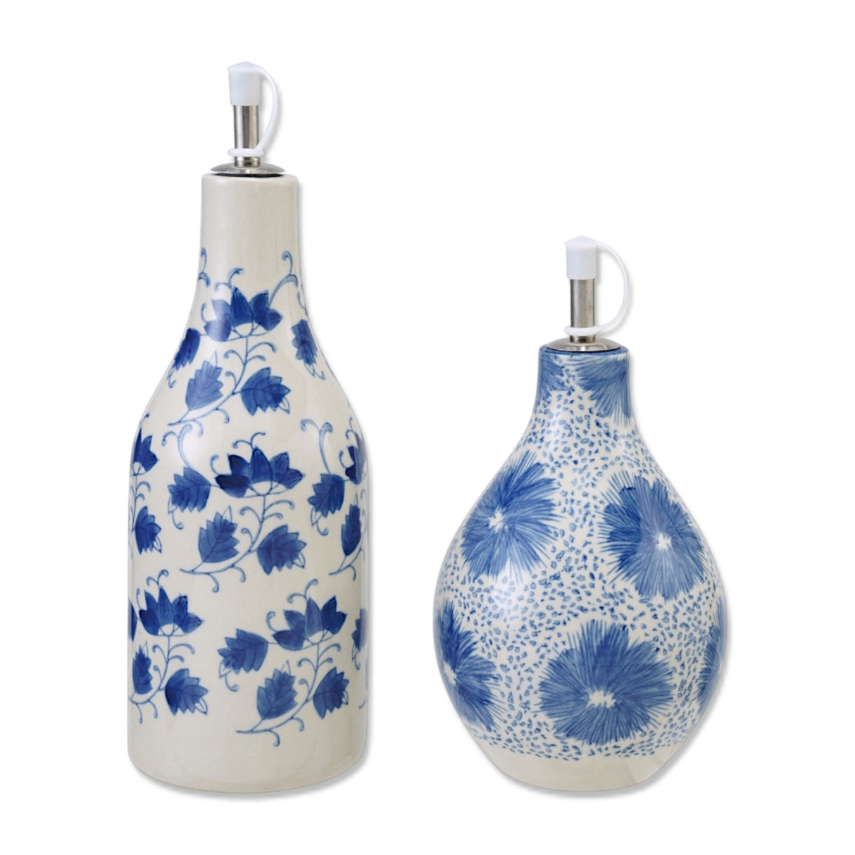 blue and white ceramic oil cruet with floral pattern olive oil dispenser