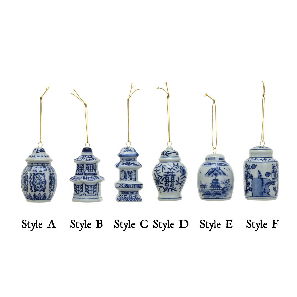 Blue and white stoneware ginger jar Christmas ornaments, set of six styles