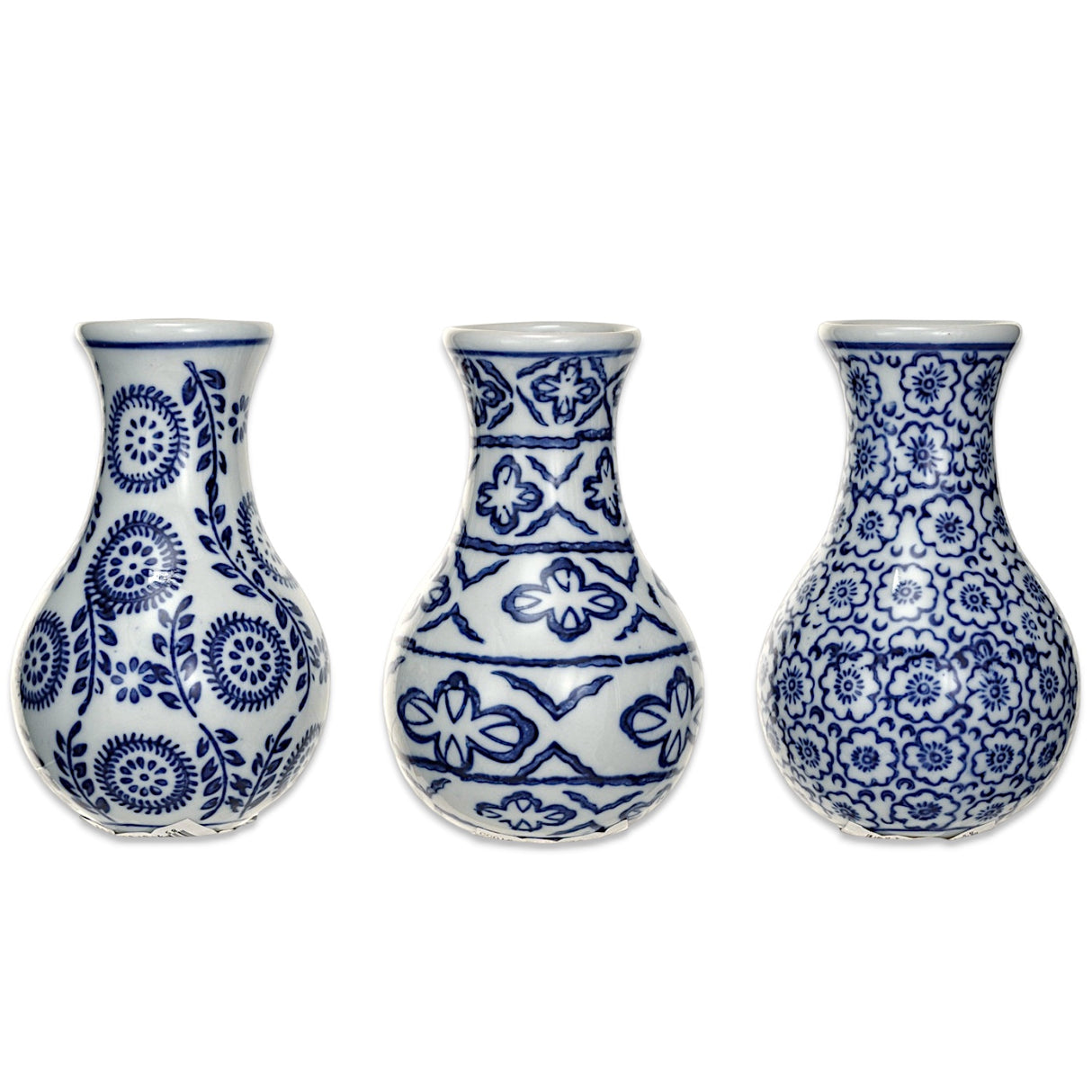 Blue and white hand-stamped stoneware vases with patterns