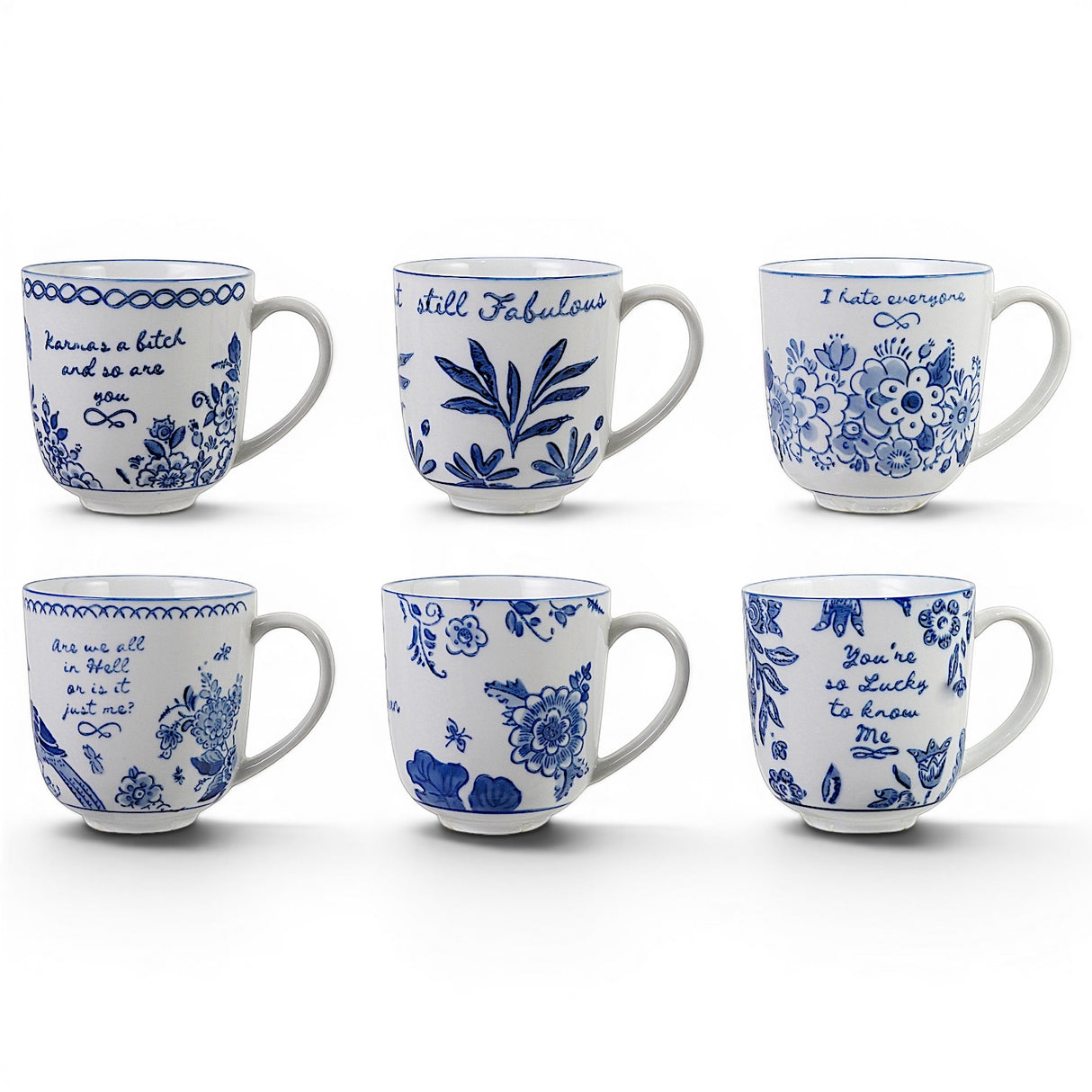 Blue and white floral ceramic coffee mugs with funny sarcastic sayings in six styles