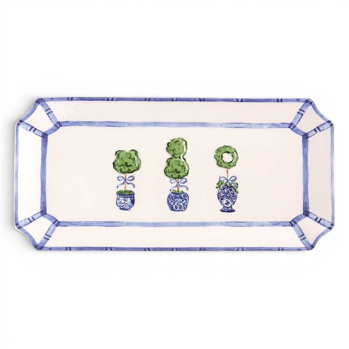 blue and white topiary ceramic serving tray chinoiserie style decorative platter garden inspired home decor