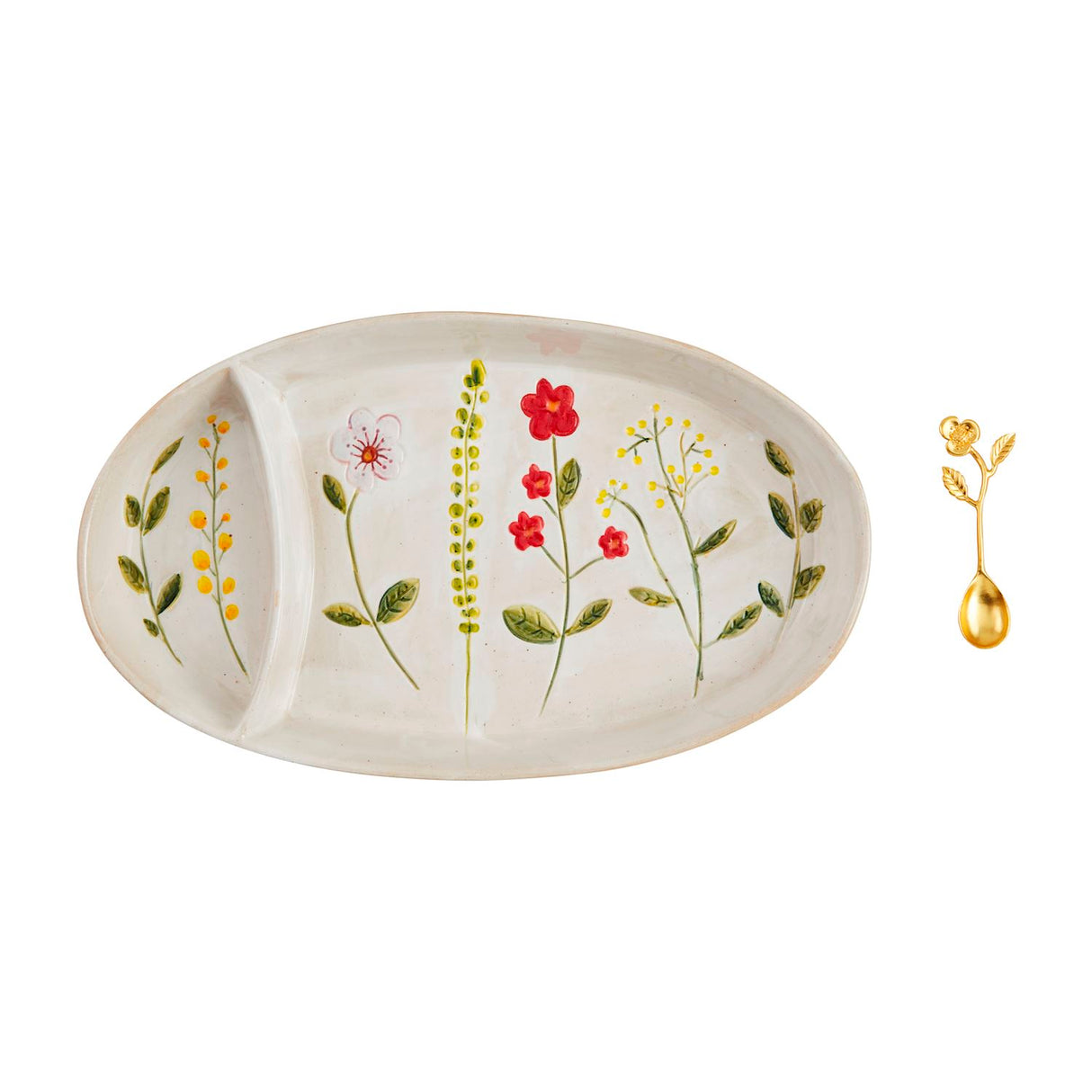 Botanica Stem Chip & Dip Set with hand-painted floral design on stoneware, includes brass plate metal spoon