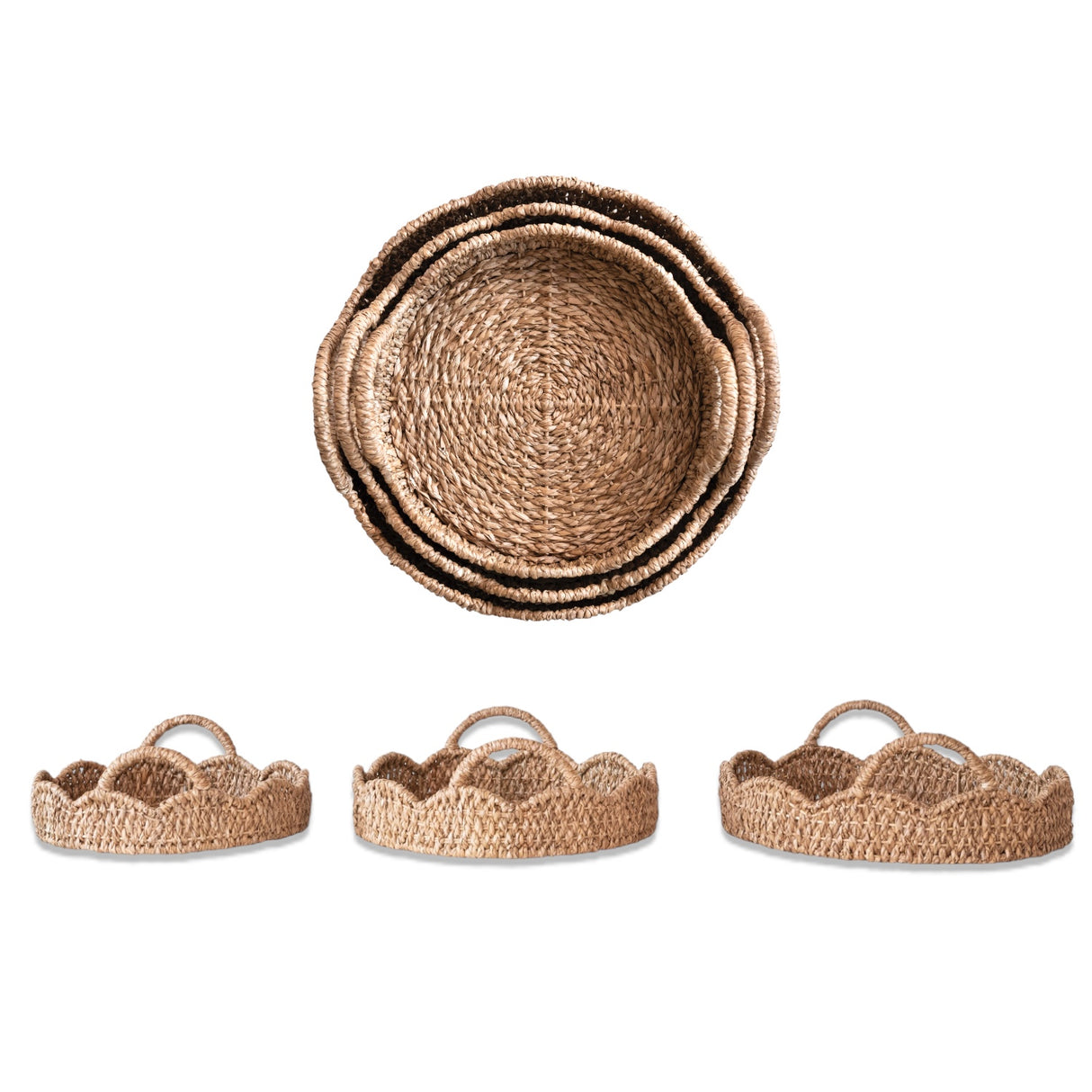 Natural braided bankuan and rattan scalloped tray with handles, available in three sizes.