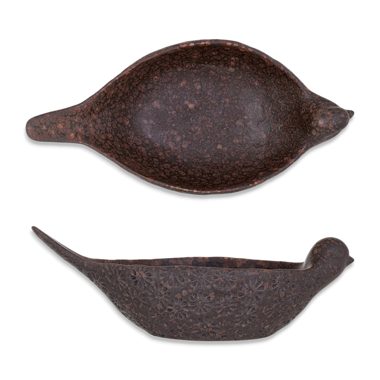 10 inch brown debossed stoneware bird bowl with reactive glaze decorative accent