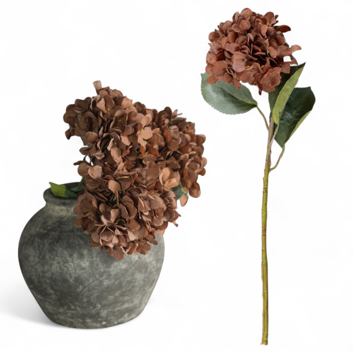 24" brown artificial hydrangea spray with realistic petals, green leaves, and textured stem