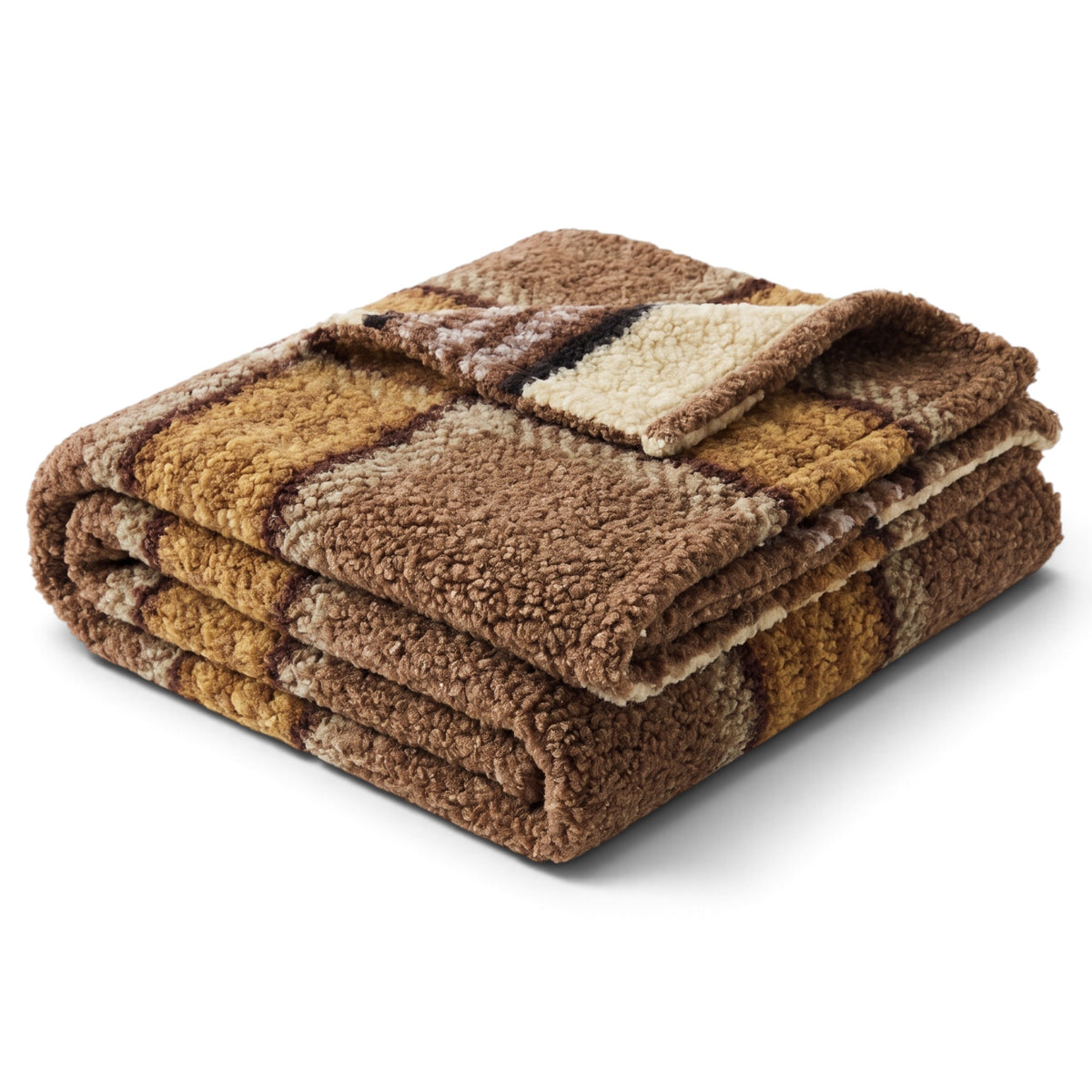 Textured faux sherpa throw blanket with brown, black, and mustard yellow stripes