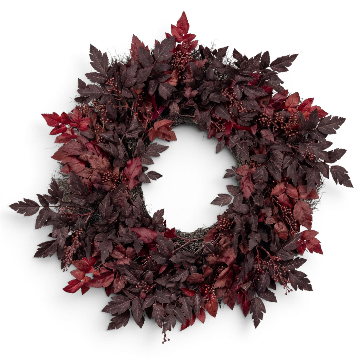 24-inch burgundy berry and bugbane leaf wreath for fall door and wall décor