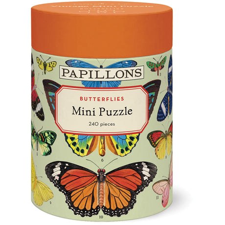 240-piece mini puzzle with colorful vintage butterfly illustrations, packaged in orange and green tube