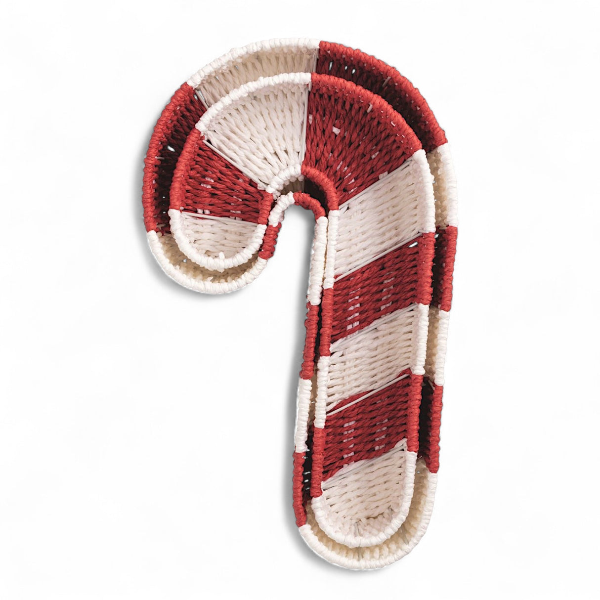 Set of two red and white woven candy cane baskets