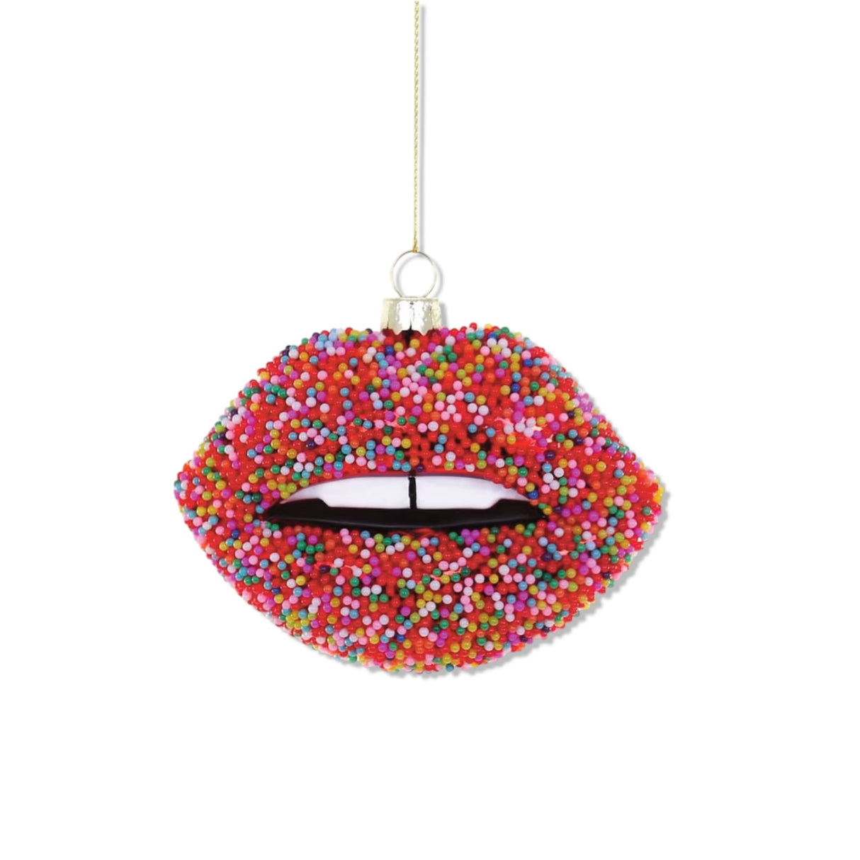Glass lip ornament with rainbow sprinkles and teeth detail by Cody Foster