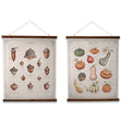 Canvas wall scroll with squash and acorn botanical illustrations framed in wood with jute hanger