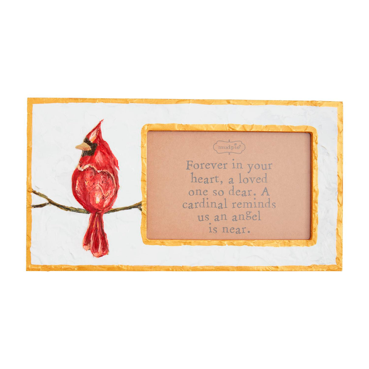 Hand-painted wooden cardinal photo frame with remembrance sentiment, holds 4x6 photo