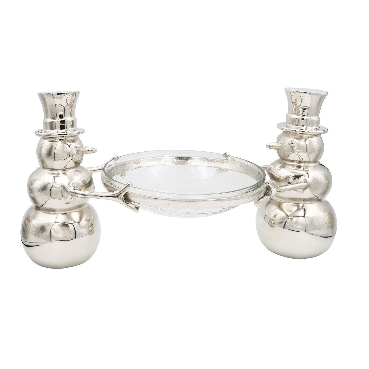 Cast aluminum snowmen with hammered glass bowl centerpiece, nickel finish